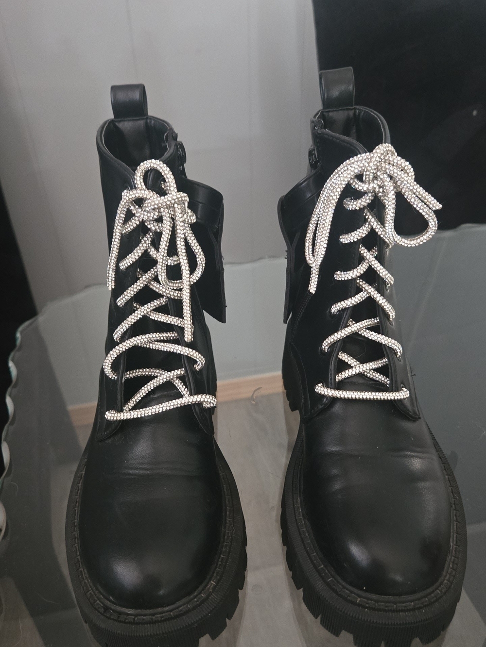 Dolls Kill Black Combat Boots with Silver Crystal Laces